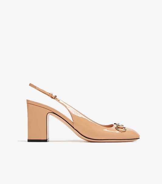 Gucci nude patent leather slingback block heel side view