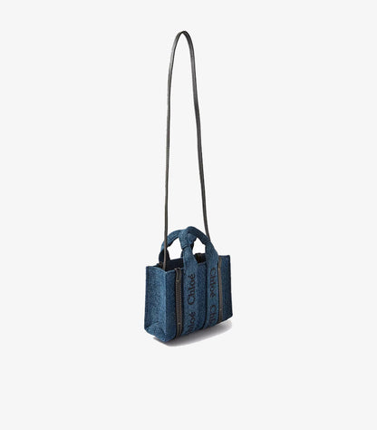 CHLOE WOODY NANO TOTE BAG – DENIM BLUE | LUXURY MINI CROSSBODY TOTE WITH LOGO DETAIL