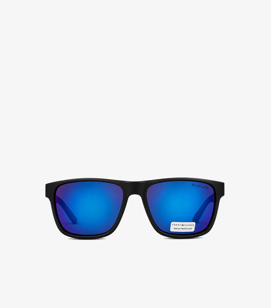 Tommy Hilfiger black square sunglasses with blue mirror lenses - front view