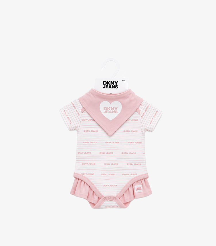 Front view of DKNY Jeans baby girls’ pink and white logo-print bodysuit with skirted hem and matching bandana bib