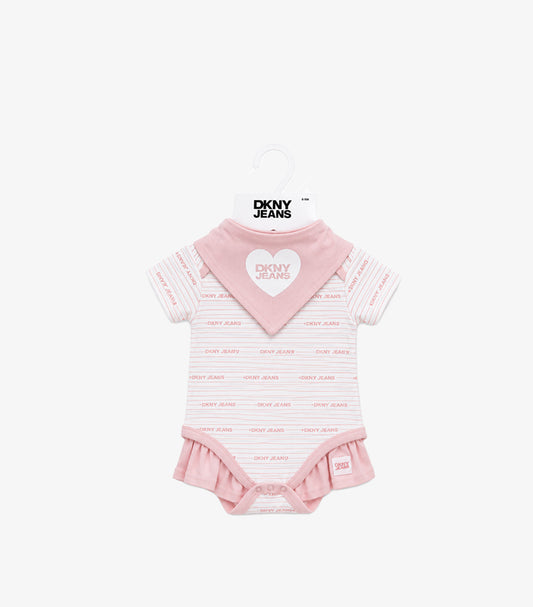 Front view of DKNY Jeans baby girls’ pink and white logo-print bodysuit with skirted hem and matching bandana bib