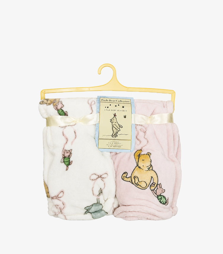 Classic Pooh Bear Collection 2-pack baby blanket cream and pink plush set

