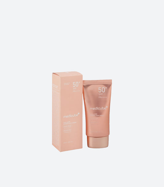 Medicube Collagen Firming Sun Cream SPF 50+ PA++++ 50ml Rose Gold Peach Metallic Tube with Matching Peach Box – Active Collagen Anti-Aging Korean K-Beauty Sunscreen No White Cast – Product Shot