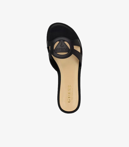Top view of Guess women’s black flat slide sandal with cutout straps and embossed logo detail