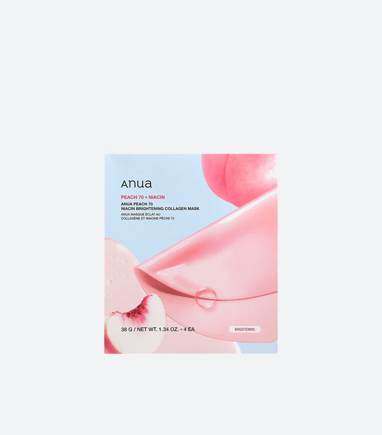 Anua Peach 70 Niacin Brightening Collagen Sheet Mask 4 Pack 38g Box with Peach 70 Plus Niacin Formula Label Real Peach Photography on Pastel Pink and Blue Packaging – K-Beauty Korean Brightening Glass Skin Face Mask
