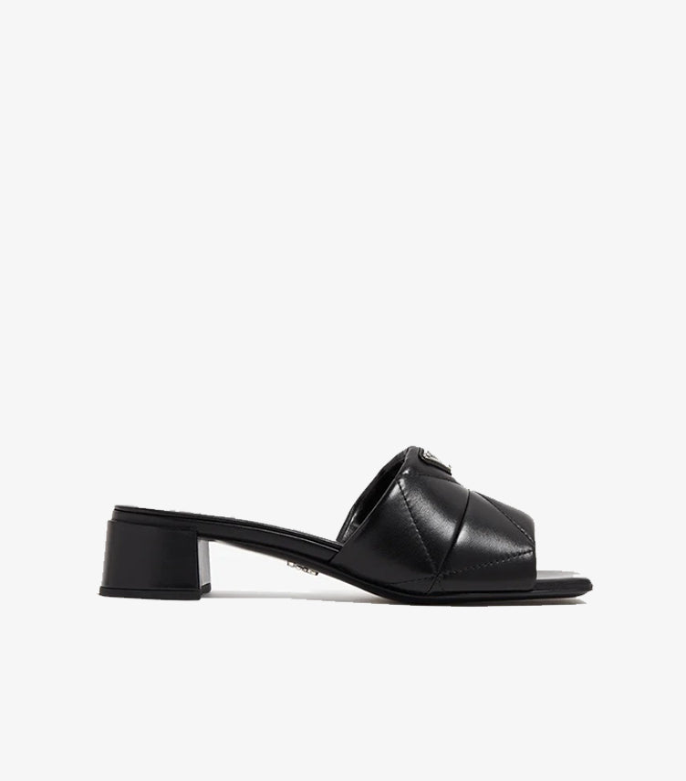 Prada Women's Black Quilted Leather Mule Heels Side View