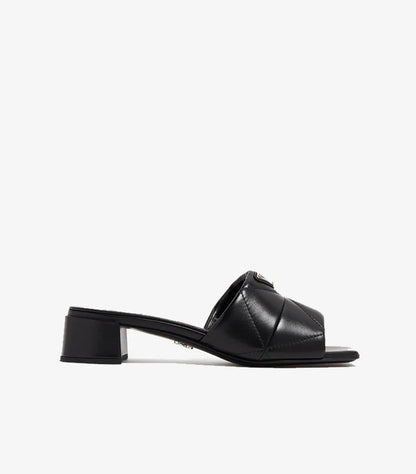 Prada Women's Black Quilted Leather Mule Heels Side View