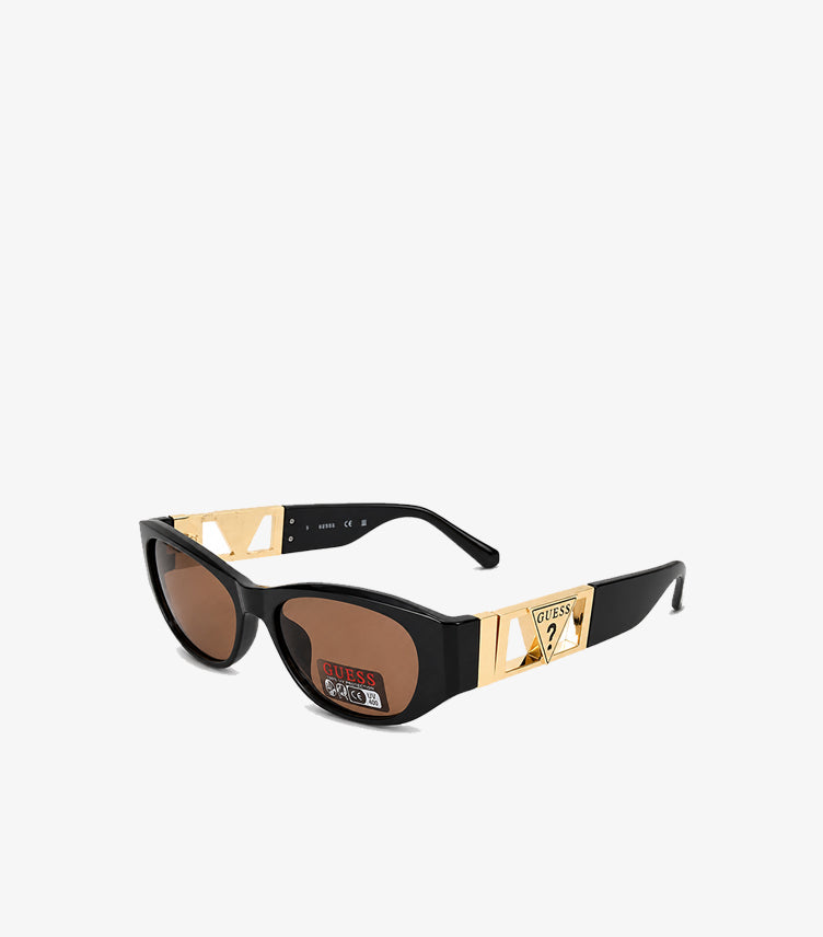 GUESS black rectangular sunglasses side view with gold logo hardware