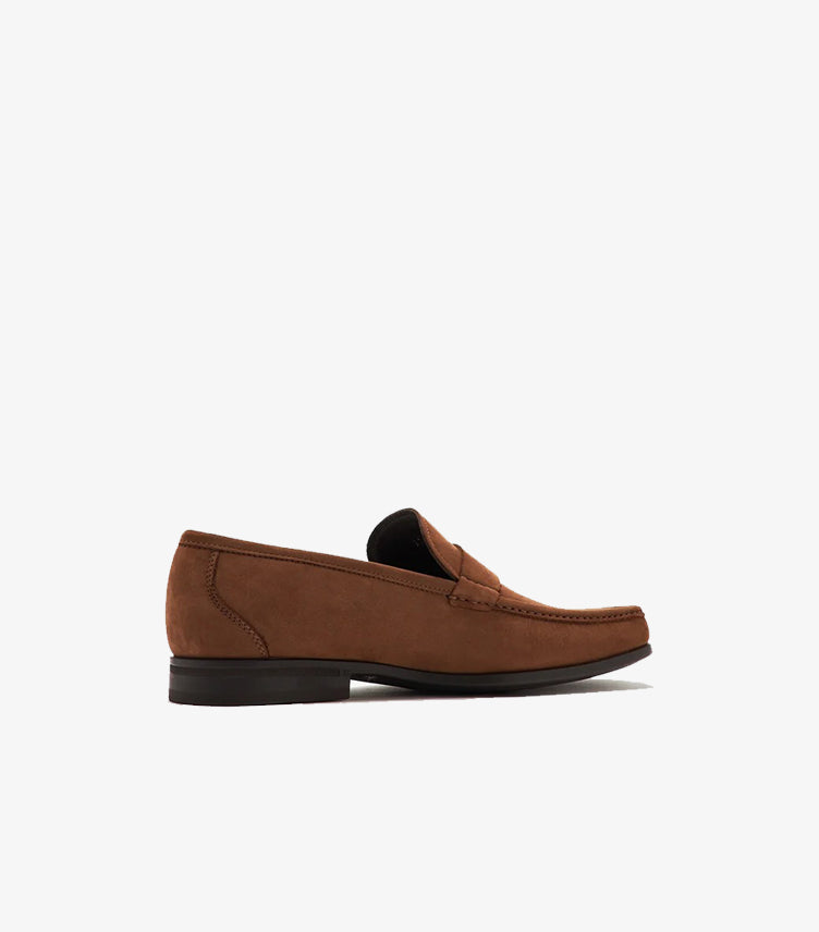 Outer side view of Ferragamo men’s brown suede slip-on loafer with black sole and low heel