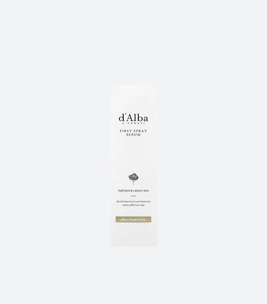 d'Alba Piedmont First Spray Serum White Truffle Double Layer Formula for Hydrated and Radiant Skin – K-Beauty Korean Skincare Face Serum in Minimalist White Packaging – Product Box Front View