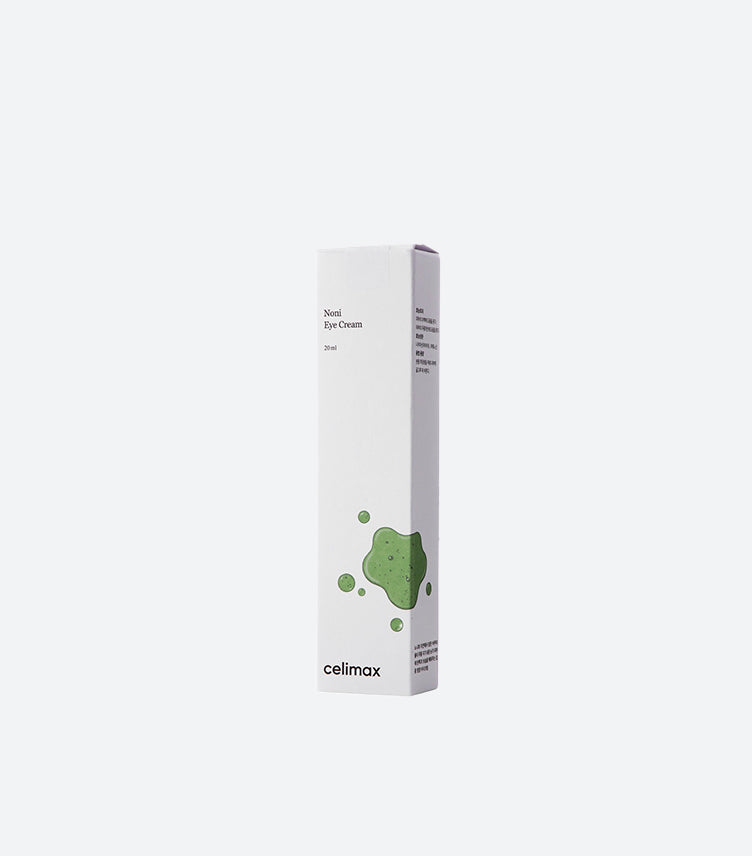 Celimax Noni Eye Cream 20ml White and Lavender Minimal Box with Noni Extract Green Texture Graphic – K-Beauty Korean Real Noni Ultimate Eye Cream Anti-Aging Dark Circle Treatment Box View
