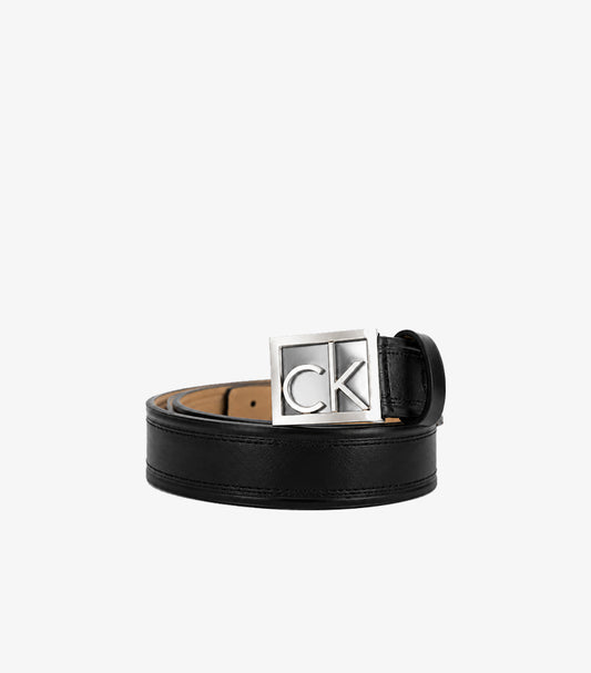 Rolled Calvin Klein men’s leather-look belt featuring a polished rectangular CK logo buckle and tonal stitching