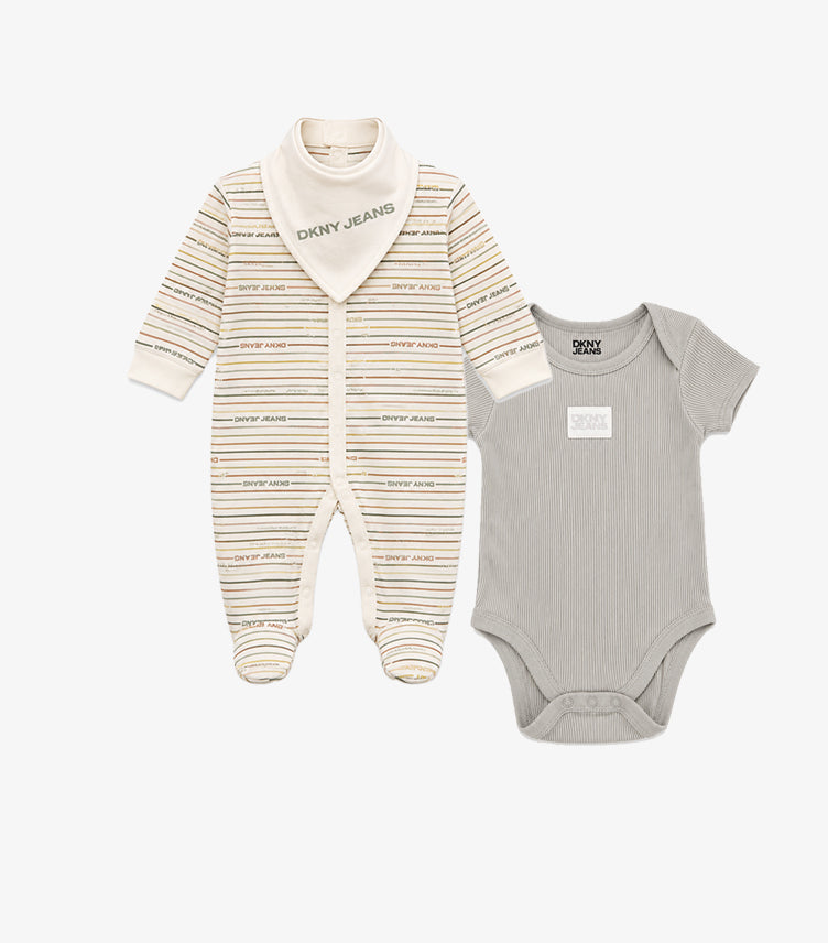 DKNY Jeans baby boys’ neutral three-piece set with striped footed sleepsuit, grey ribbed bodysuit and matching bandana bib