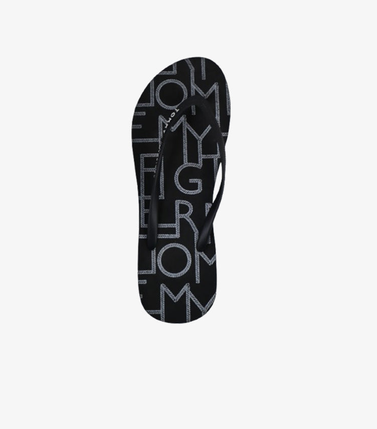 TOMMY HILFIGER BLACK LOGO PRINT FLIP FLOPS