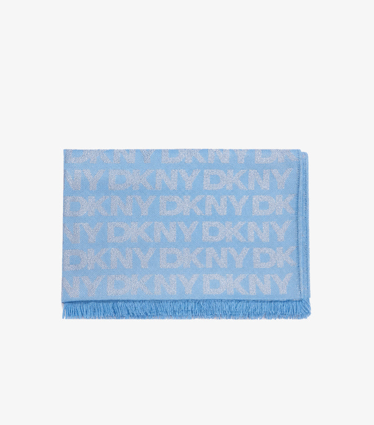 DKNY women's monogram fringe scarf featuring an all-over logo pattern and soft lightweight fabric.
