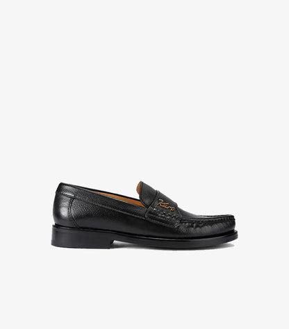 Side profile of Kurt Geiger men's black leather penny loafer featuring classic moc toe construction.