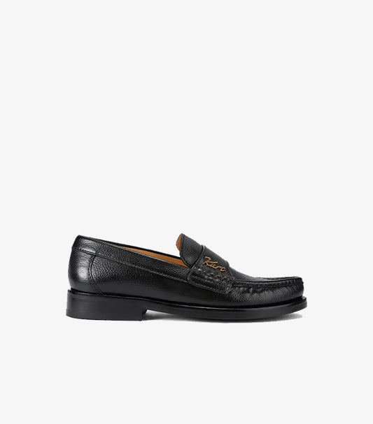 Side profile of Kurt Geiger men's black leather penny loafer featuring classic moc toe construction.
